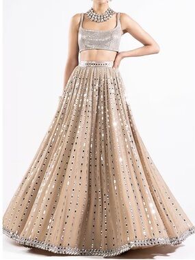 Vvani by Vani Vats Beige Mirror-Embellished Lehenga Set